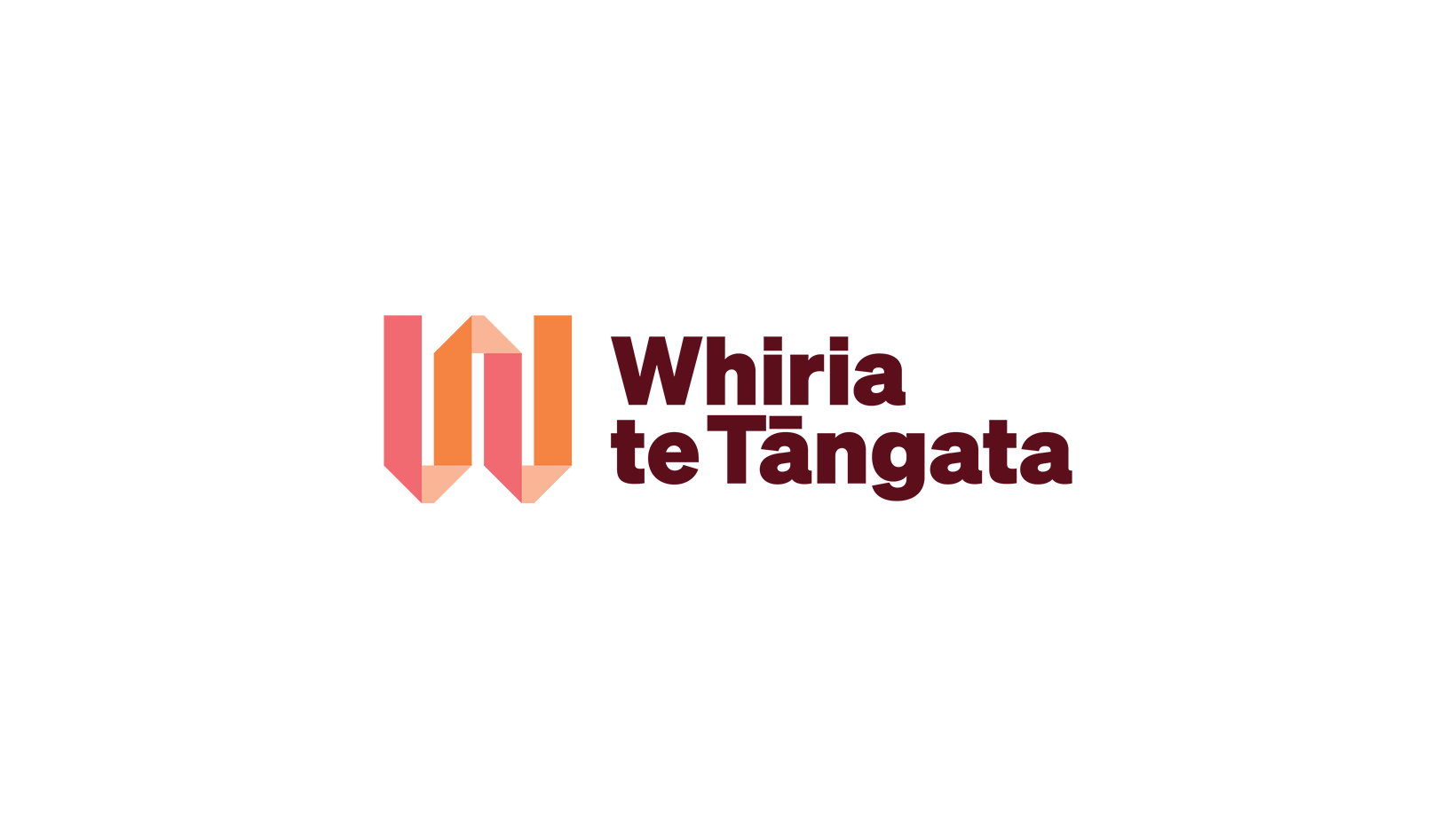 Logo for the Whiria te Tāngata project with 3 shades of orange in a woven W with brown text